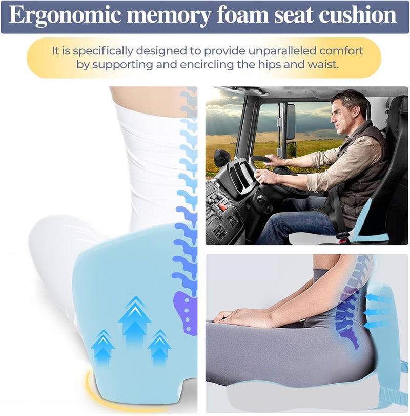 Mosxoed Memory Foam Seat Cushion for Sciatica & Back Pain Relief - Ergonomic Chair Pad with Adjustable Strap & Supportive Comfort Cover, Non-Slip for Car, Truck, Office Chair - Blue - Image 3